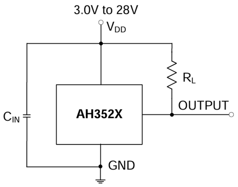 应用电路图 - Diodes Incorporated AH352x霍尔效应全极开关