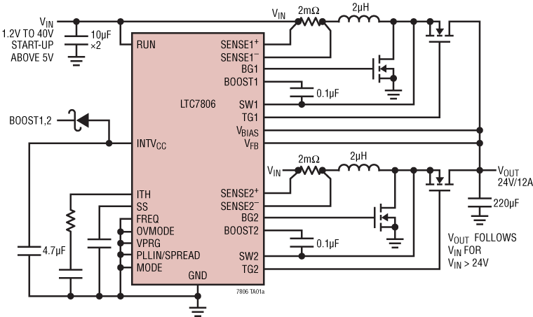 应用电路图 - Analog Devices Inc. LTC7806两相同步升压控制器