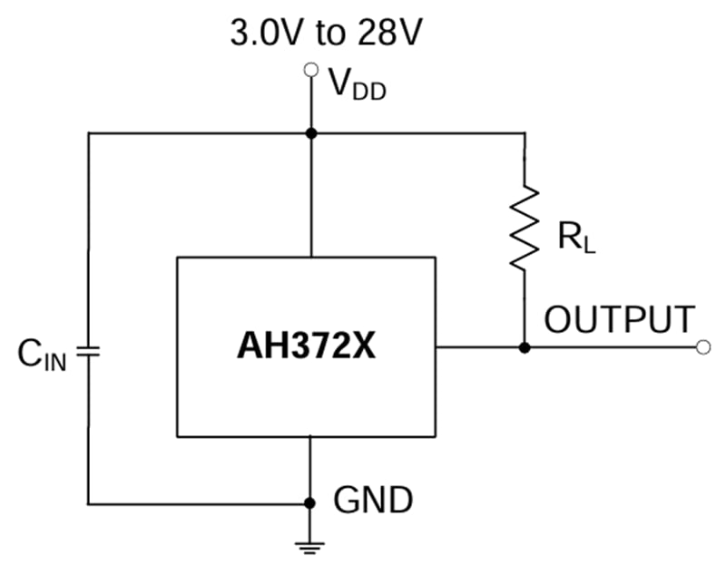 应用电路图 - Diodes Incorporated AH372x高压霍尔效应锁存器