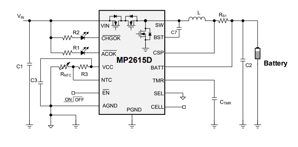 Application Circuit Diagram - Monolithic Power Systems (MPS) MP2615D 1-Cell Li-Ion Battery Charger