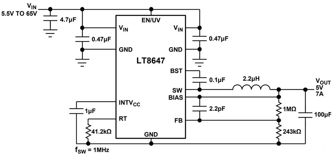 应用电路图 - Analog Devices Inc. LT8647同步降压稳压器