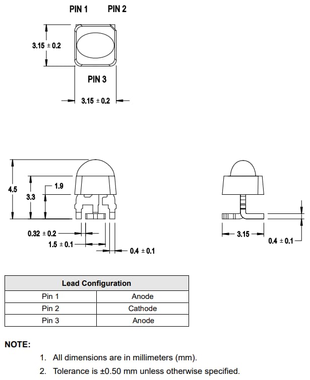 机械图纸 - Broadcom AAMD-Lx3x/AAMD-LY33迷你高亮椭圆形LED