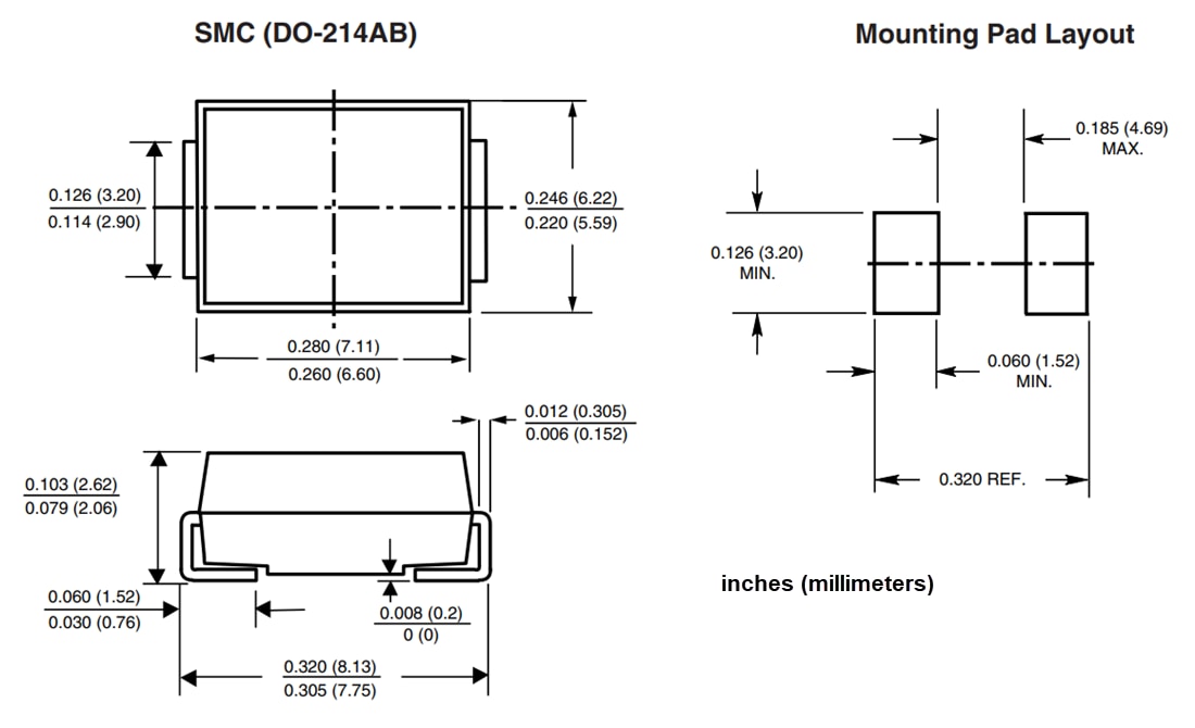 机械图纸 - Vishay Semiconductors SMC5KxxCA TransZorb瞬态电压抑制器