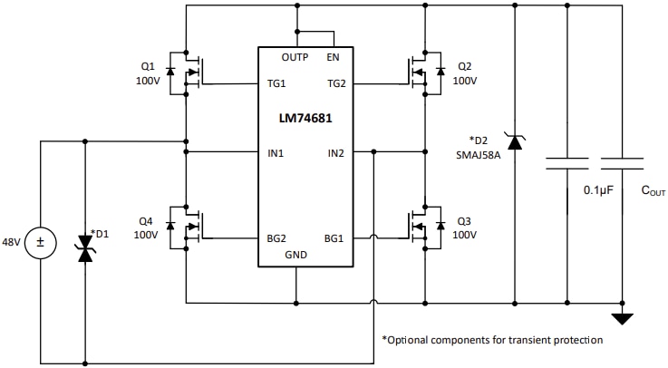 应用电路图 - Texas Instruments LM74681 100V理想二极管桥控制器