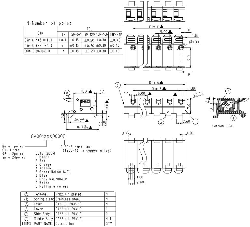 机械图纸 - Amphenol Anytek GA建筑自动化PCB连接器