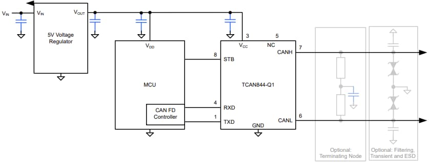 应用电路图 - Texas Instruments TCAN844-Q1汽车级CAN FD收发器