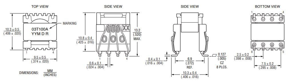 机械图纸 - Bourns HVMA03T100A-ST10S栅极驱动器变压器