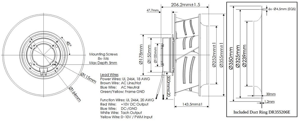 Mechanical Drawing - Orion Fans OEC355206 Series 355x206.2mm EC Centrifugal Fan