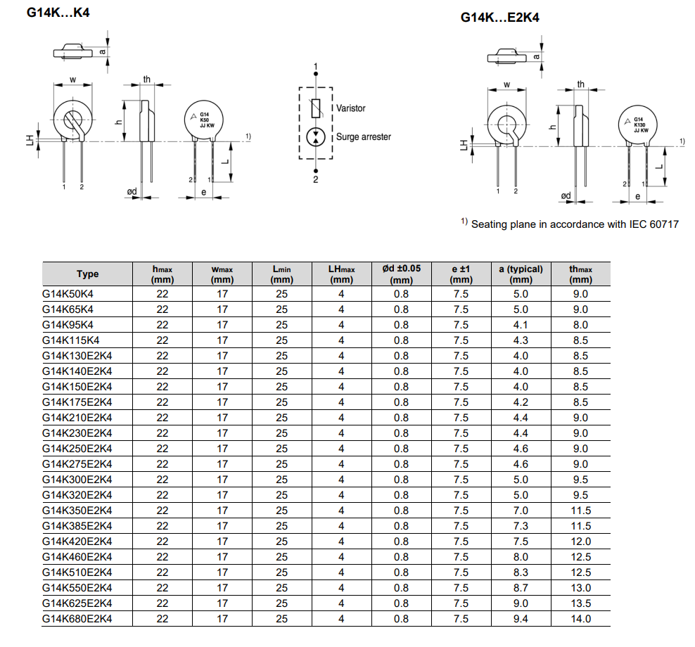 机械图纸 - TDK G14和G20 G系列GDT压敏电阻器