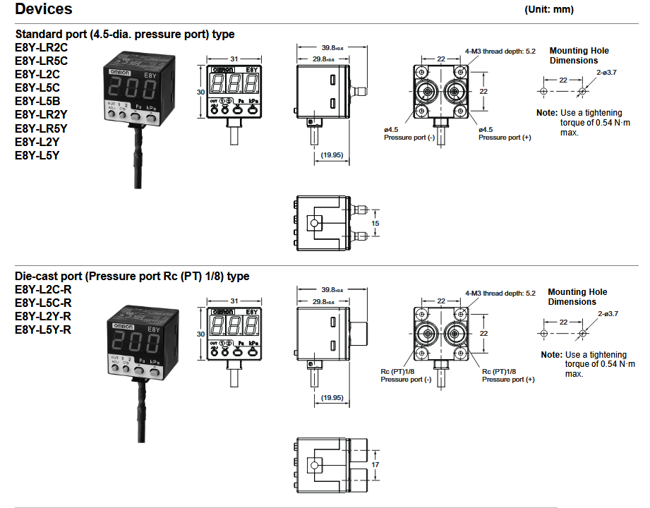 机械图纸 - Omron Electronics E8Y-L带数字显示器的微压压力传感器
