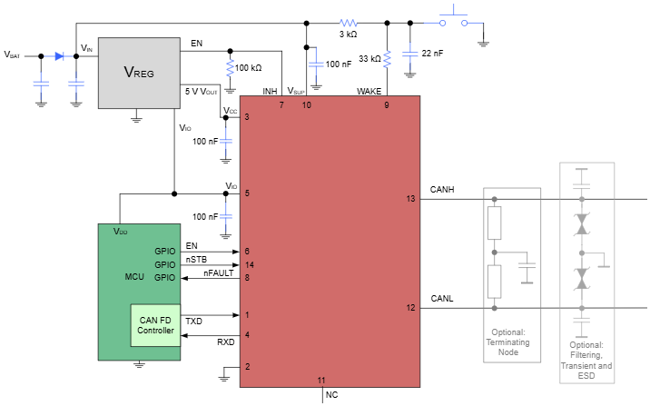 应用电路图 - Texas Instruments TCAN1043N-Q1汽车级CAN FD收发器