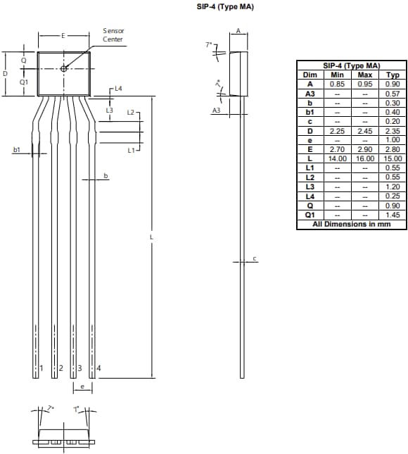 机械图纸 - Diodes Incorporated AHE300 InSb霍尔元件
