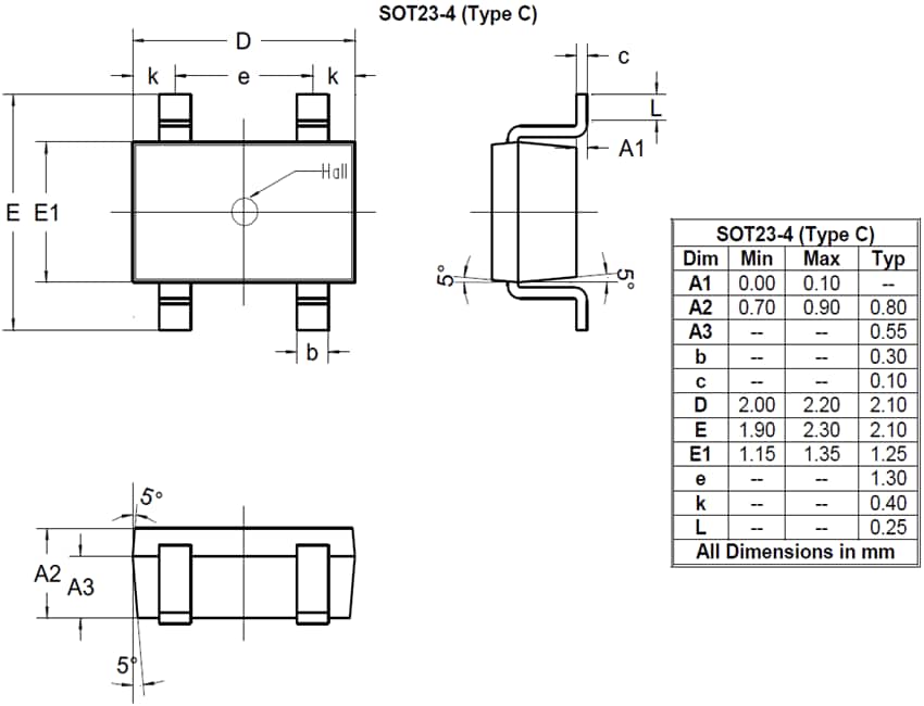 机械图纸 - Diodes Incorporated AHE108 InSb霍尔元件