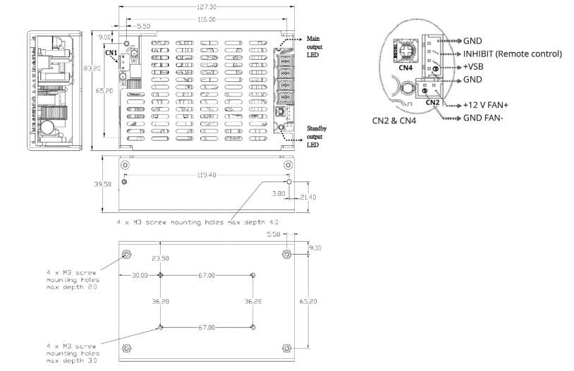机械图纸 - CUI Inc VGSM-280B 医用交流-直流电源