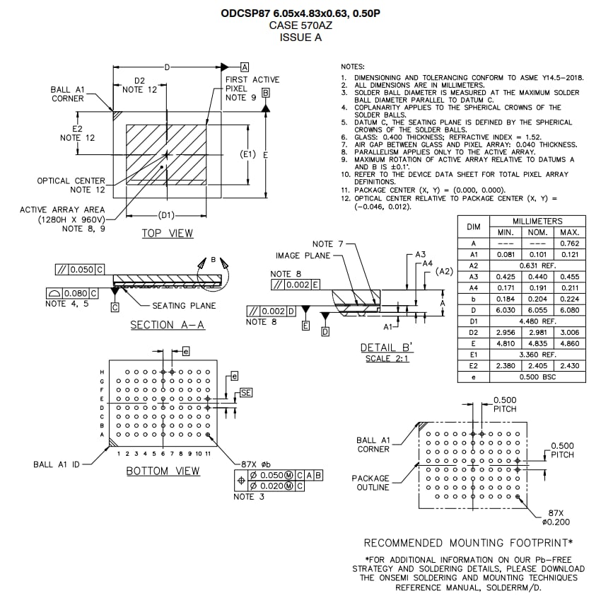 机械图纸 - onsemi AF013x Hyperlux™ ID 1.2MP iToF传感器