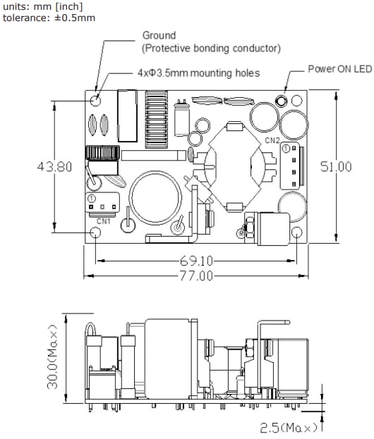机械图纸 - CUI Inc VOFM-65G内部交流-直流电源