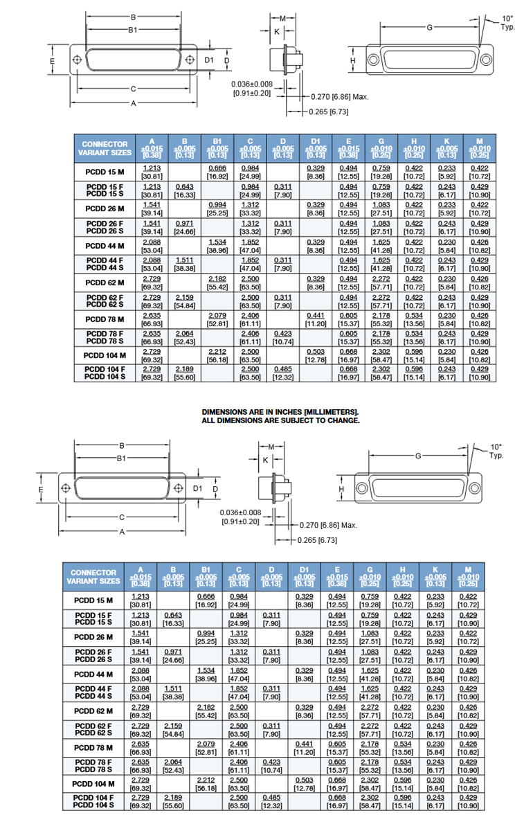 机械图纸 - Positronic 兼容压配式D型超小型连接器