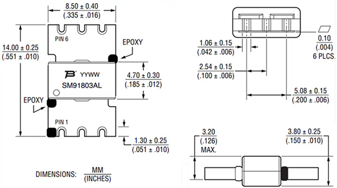 机械图纸 - Bourns SM91803AL-E AEC-Q200 BMS信号变压器