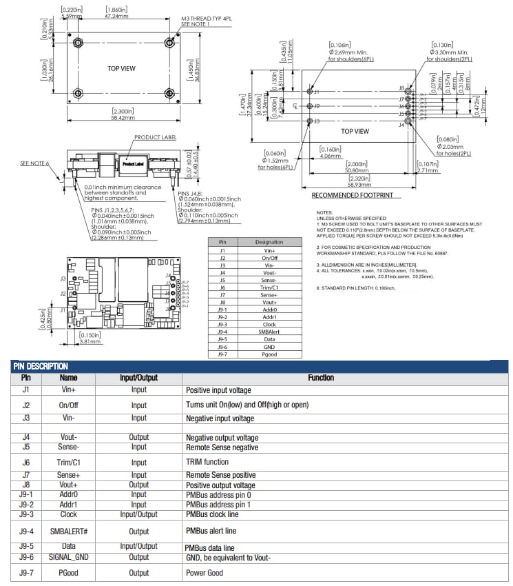 机械图纸 - Murata Power Solutions MPQ700 700W四分之一砖数字DC-DC转换器