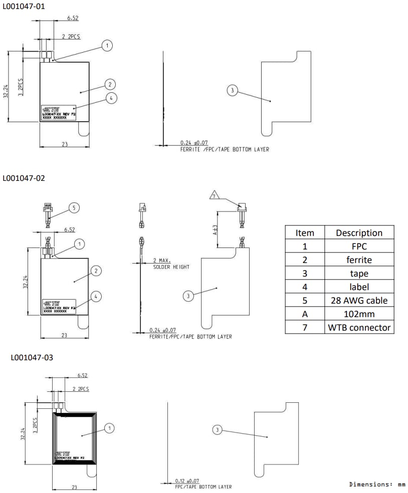 机械图纸 - TE Connectivity L001047柔性PCB (FPC) 天线