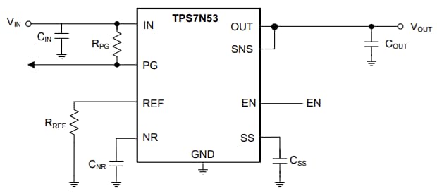 应用电路图 - Texas Instruments TPS7N53超低压差（LDO）线性稳压器