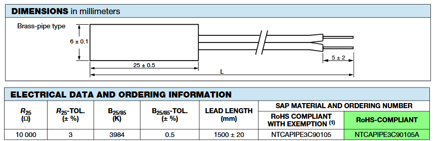机械图纸 - Vishay / BC Components NTCAPIPE3C90105A长引线NTC热敏电阻传感器