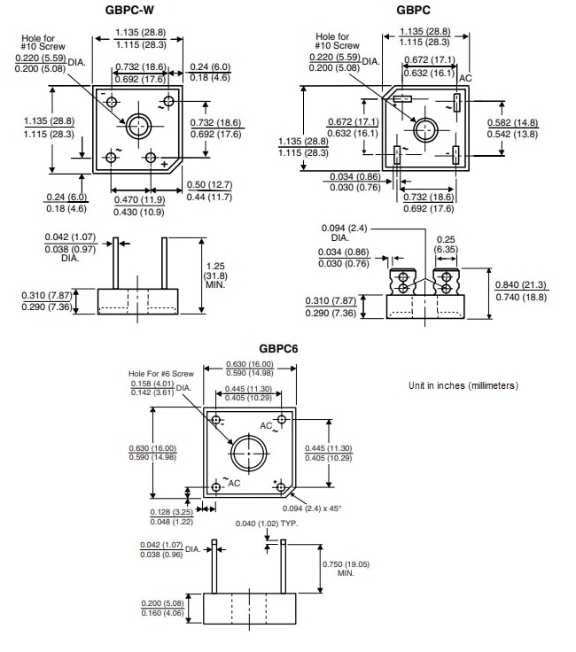 机械图纸 - Vishay Semiconductors GBPCx单相桥式整流器
