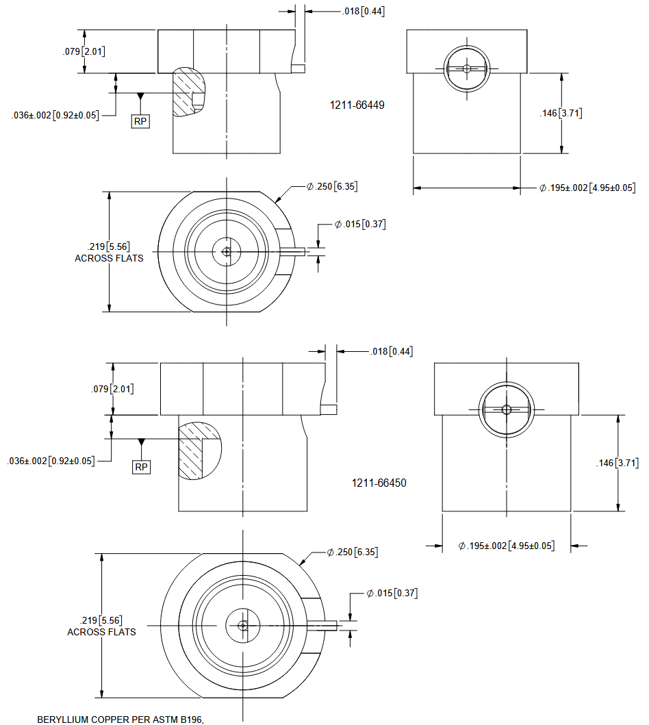 机械图纸 - Amphenol / SV Microwave 反向安装通孔射频PCB连接器