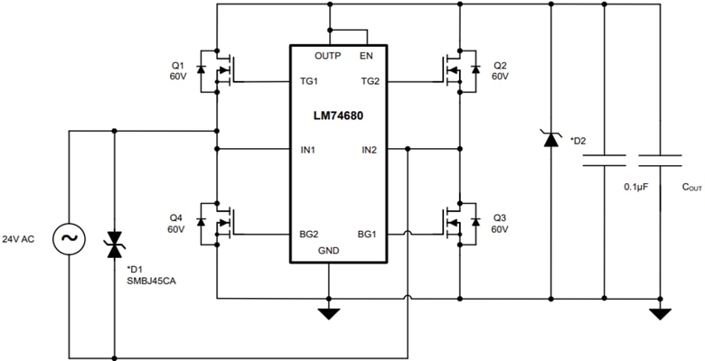 应用电路图 - Texas Instruments LM74680理想二极管桥控制器