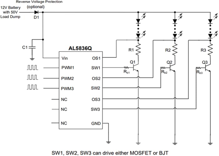 应用电路图 - Diodes Incorporated AL5836Q三独立通道PWM控制器