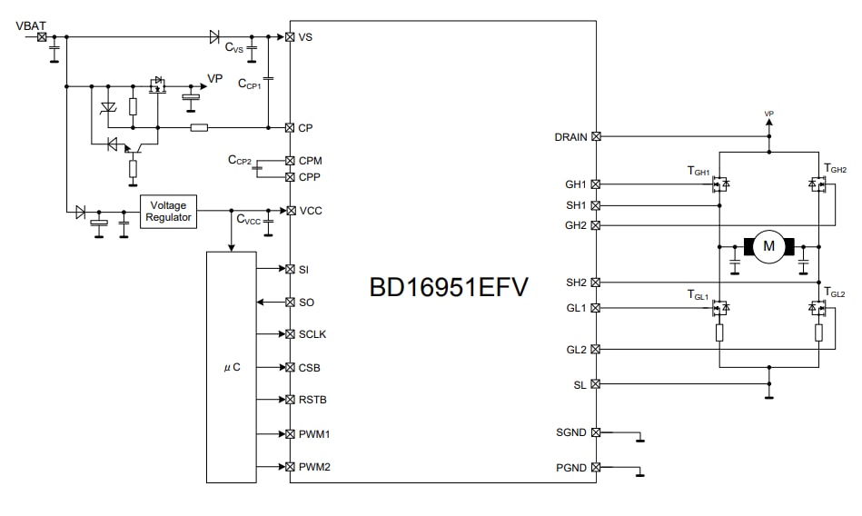 应用电路图 - ROHM Semiconductor BD16951EFV-M双通道半桥栅极驱动器