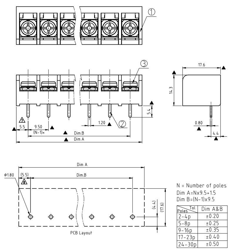 机械图纸 - Amphenol Anytek YK441 Single-Row Barrier Terminal Blocks