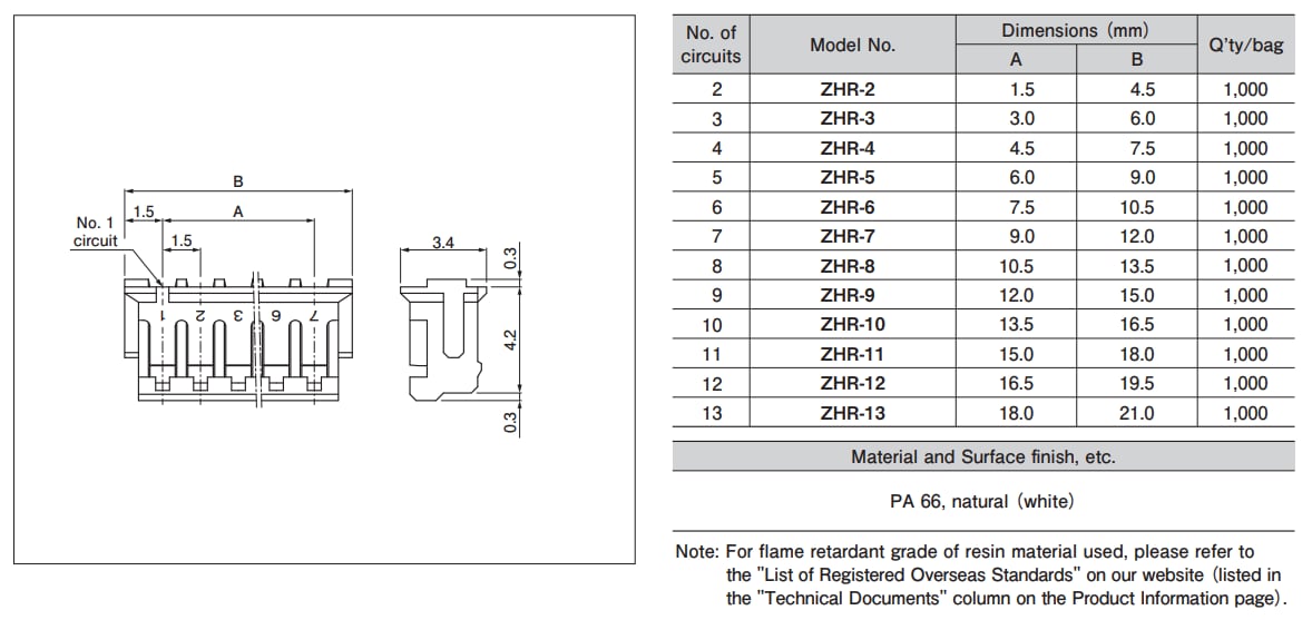 Mechanical Drawing - JST Connectors ZH Connectors