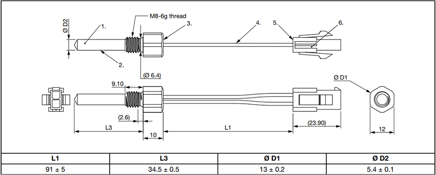 机械图纸 - Vishay / BC Components NTCASCW78A NTC浸入式温度传感器