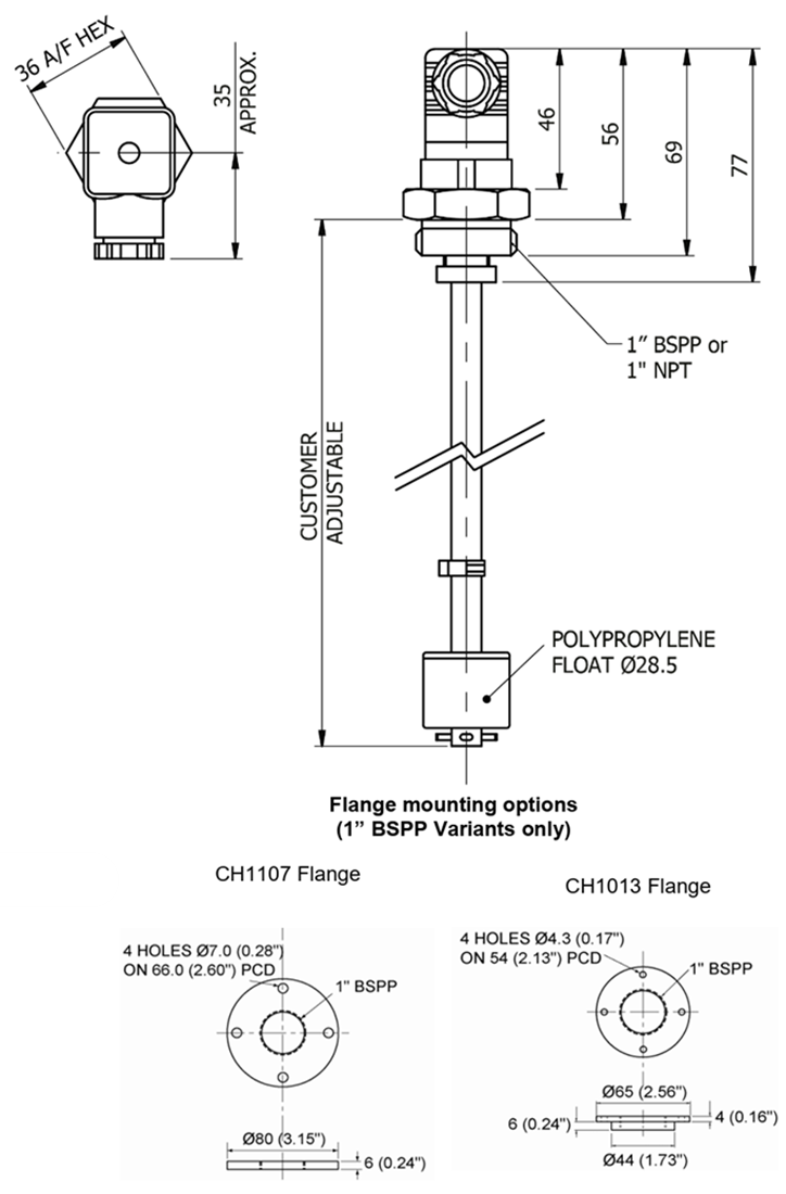 机械图纸 - Amphenol Rochester Sensors T/LL122可调式垂直浮子开关