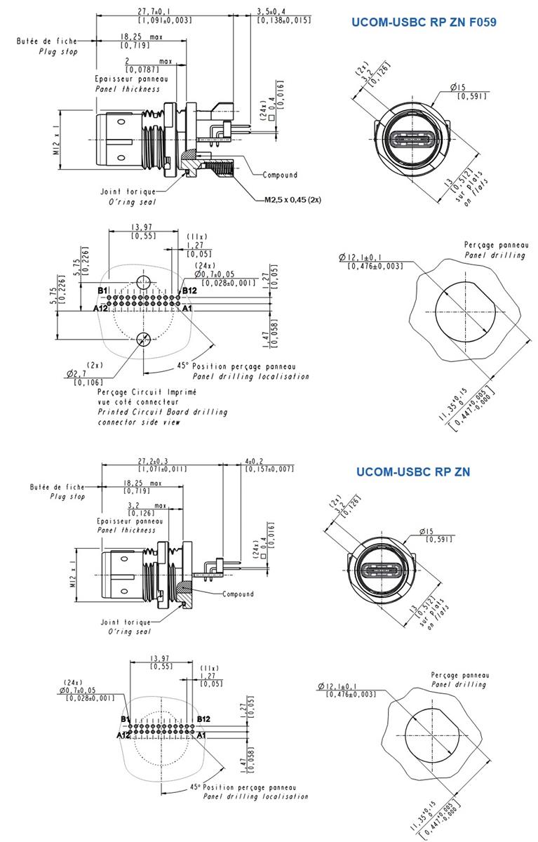 机械图纸 - Amphenol Socapex μCOM USBC 3.2第2代坚固型连接器和组件