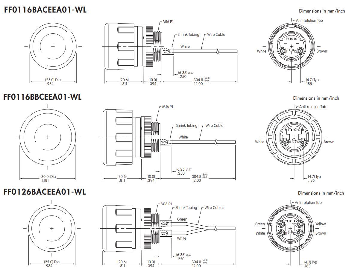 Mechanical Drawing - NKK Switches FF01 E-Stop Switches with Wire Leads