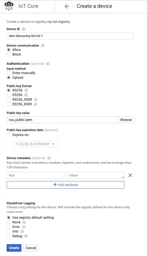 Second page of IoT Core device registry settings