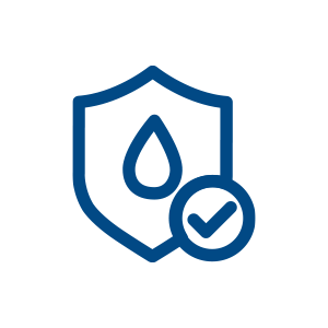 深蓝色盾形图标，中间有一个水滴，右下角有一个带圆圈的复选标记