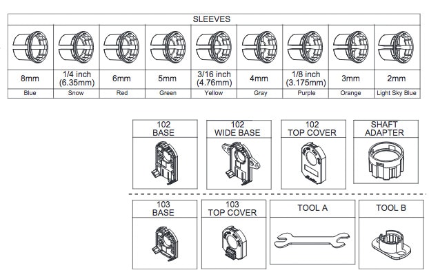 In practice, a wide range of shaft and mounting situations must be addressed by the encoder; CUI offers a full set of color-coded sleeves and other accessories so that a single encoder can serve many applications. (Image: CUI, Inc.)