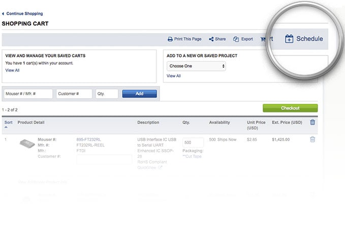 排程订单按钮在购物车页面中高亮显示。