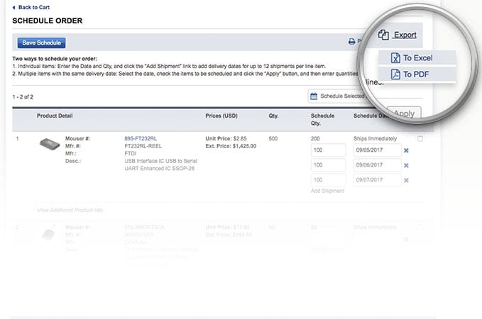 排程订单页面上的导出下拉选项。